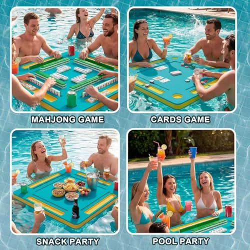Floating Mahjong Table for Pool - 33.5in Foldable Water Game Table for Card Games & Tile Games - Portable Swimming Pool and Hot Tub Float Board Game Tray for Adults, Domino Floater Table (Blue)
