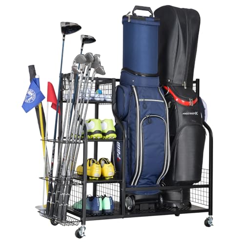 SNAIL Golf Bag Garage Storage Organizer Extra Large Size Golf Bag Rack Stand Holder Fits 2 Golf Bags and Other Golfing Equipment Accessories, Metal Black Golf Club Storage for Garage Shed and Basement - color: Black(For 2 Golf Bags+Wheels)
