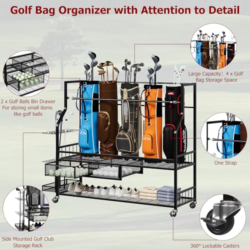 Golf Bag Storage Garage Organizer, Golf Bag Stand Fit for 4 Golf Bags, Golf Clubs, Golf Balls, Golf Equipment Accessories, Golf Bag Storage Rack with Wheels for Garage, Club, Shed, Basement - size: 57.5" L x 44.5" W x 15.7“ H