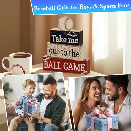Baseball Party Table Decorations: 4 Pcs Baseball Wooden Sign Blocks Table Centerpieces Sports Signs Tabletop Tiered Tray Decor for Fans Boys Birthday Party Sport Club Home Shelf School Desk Locker