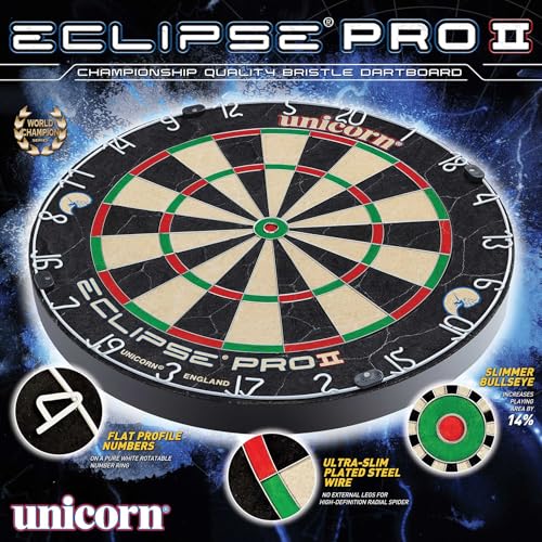 Unicorn Eclipse Pro 2 Bristle Steel Tip Dartboard with American Legend Dartboard Cabinets – Ultra-Slim Bullseye – High-Vis Rotatable Number Ring – 30% Thinner Wire