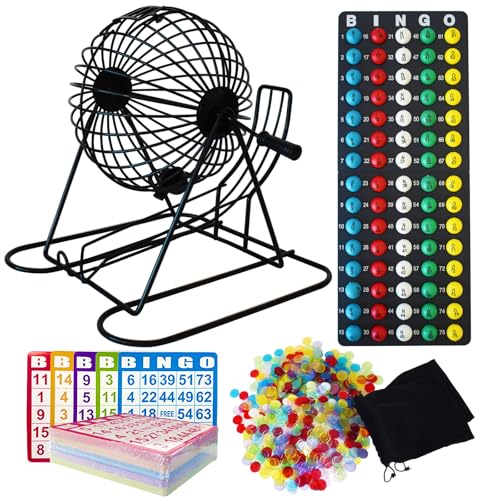Yuanhe Jumbo Bingo Game Set - 11" Metal Round Cage, 75 Colored Balls, 100 Bingo Cards, 500 Mixed Chips and Master Board for Large Groups, Parties - style: Jumbo Set