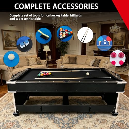 7FT Pool Table Dining Table Combo, 4-in-1 Multi-Game Table with Air Hockey & Ping Pong Tabletop, Convertible Billiard Table for Adults, Indoor/Outdoor Pool Table