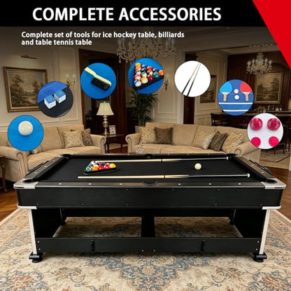 7FT Pool Table Dining Table Combo, 4-in-1 Multi-Game Table with Air Hockey & Ping Pong Tabletop, Convertible Billiard Table for Adults, Indoor/Outdoor Pool Table