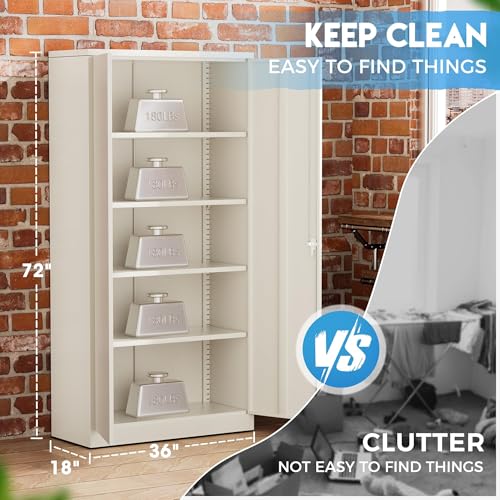 Greenvelly Garage Storage Cabinet,72" Metal Cabinet with 2 Doors and 4 Shelves,Steel File Cabinet for Home Office, Garage, Classroom（Grey 36" X 18"） - color: Grey, style: 72"H-Large