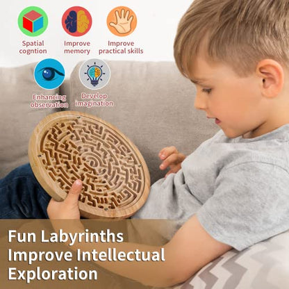 Round Wooden Labyrinth Board Game - Marble Maze for Education and Fun, Toddler Activity Board, Brain Teaser Puzzle Logic Game with Two Metal Balls for Kids, Adults, Teens, Boys, and Girls - color: Yellow