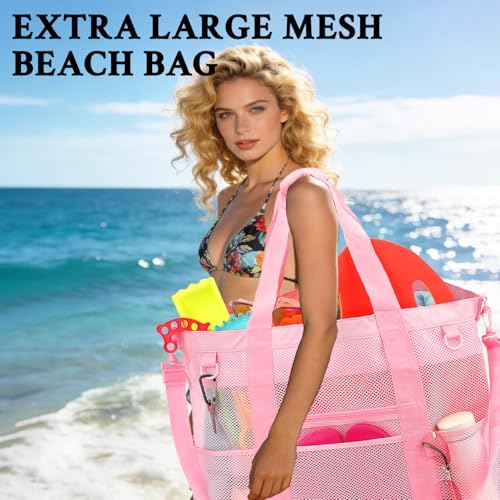 GYEUKHAM Mesh Beach Bag for Women, Sand-Resistant Pool Tote, 9 Pockets (1 Inner Zip), Foldable Family Travel Essentials - color: Extra Large - Pink