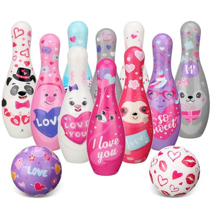 Syhood 12 Pcs Valentine‘s Day Bowling Set 10 Foam Pins and 2 Balls Valentine Game Heart Owl Animal Bowling for Valentine Holiday Party Activity Indoor Outdoor