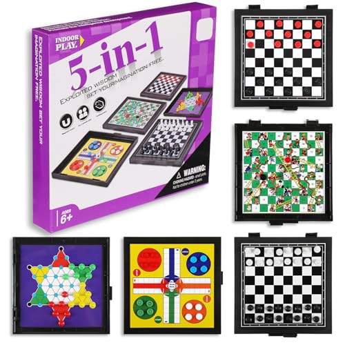 5 in 1 Small Magnetic Checkers Board Game Set Travel Game Road and Flight Trip Essentials Magnetic Travel Chess Checkers for Trip Camping Activities Party Game for Adults and Teens