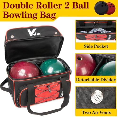 Double Roller 2 Ball Bowling Bag with Large Separate Shoe Compartment and Oversized Accessory Pocket, 36" Extendable Handle. - color: RED
