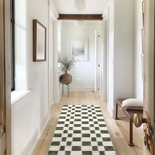 EVERGRACE Checkered Plaid Area Rug 2x6, Soft Christmas Faux Wool Rugs Washable Anti Slip Rugs Long Runner Carpet for Entryway Bedroom Living Room Hallway Kitchen and Laundry, Olive Green - color: Olive Green, size: 2' x 6' (Runner)