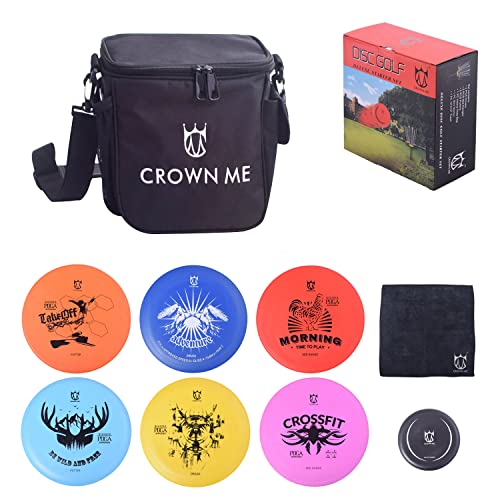 CROWN ME Disc Golf Starter Set,Disc Golf Set with 6 Discs, 1 Marker,1 Towel and Starter Disc Golf Bag Fairway Driver - color: Black