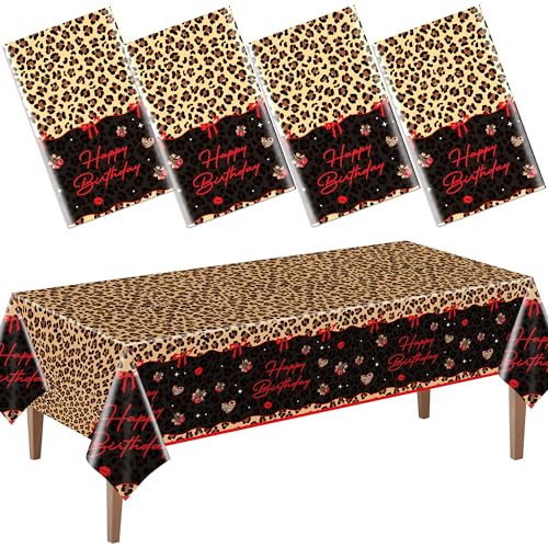 4 Pcs Cheetah and Cherry Birthday Tablecloths, Red and Black Leopard Print Disposable Plastic Table Cover for Bridal Shower Bachelorette Birthday Party Supplies, 54 x 108 Inches - color: Red Cherry