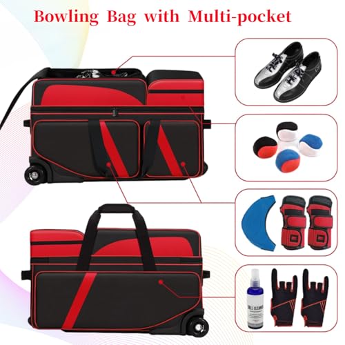 3 Ball Bowling Bags With Wheels,Bowling Bags 3 Ball Roller With Shoes Compartment And Multiple Pockets,3 Ball Bowling Bag has Retractable Handle Extends to 41.5 in - color: red