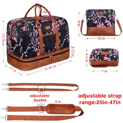 Weekender Bag for Women, Large Overnight Bag Canvas Travel Duffel Bag Carry On Tote with Shoe Compartment 21" 3Pcs Set - color: A08-brown+black flower