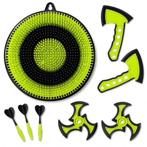 Leeray 3-in-1 Bristle Target Board Game – Axe Throwing Game for Backyard with Throwing Axes, Soft Tip Darts, and Ninja Stars – Safe Outdoor Games & Kids Toys for Ages 6+