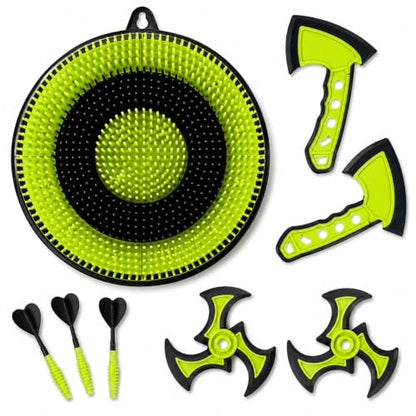 Leeray 3-in-1 Bristle Target Board Game – Axe Throwing Game for Backyard with Throwing Axes, Soft Tip Darts, and Ninja Stars – Safe Outdoor Games & Kids Toys for Ages 6+