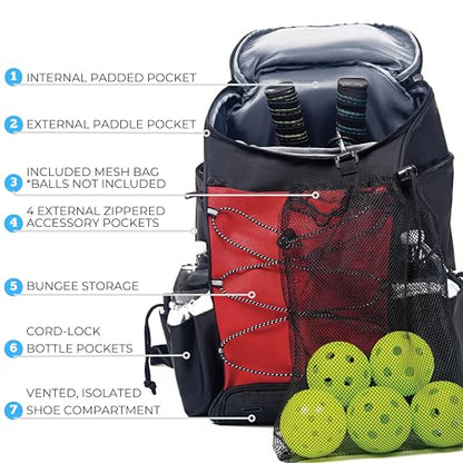 Athletico 35L Pickleball Backpack - Pickleball Bags for Men or Women Includes Pickleball Ball Holder - color: Red