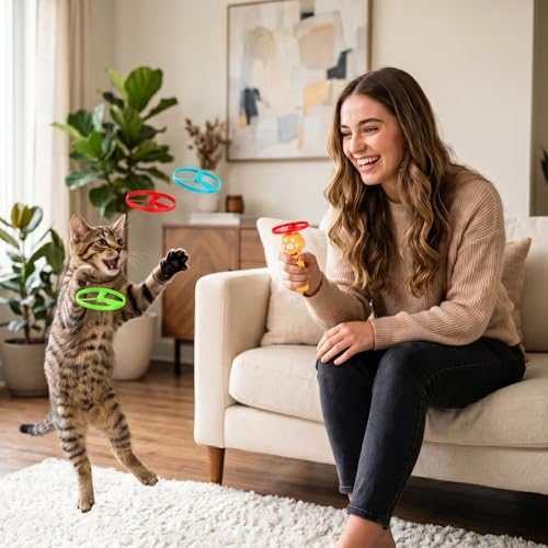 Ciieeo 1 Set Cat Toy Disc Launcher, Interactive Cat Fetch Toy Rechargeable Launcher with Flying Discs - Funny Flying Enrichment Supplies for Indoor Bored Kittens Adult Breeds