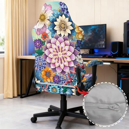 Gaming Chair Covers with Zipper Decorative Dustproof Stretch Gamer Chair Cover with Armrest Covers Washable Fabric Non-Slip Anti-Scratch Office Armchair Slipcover, Boho Flower - color: Boho Flower