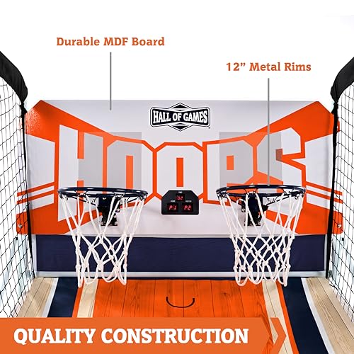 Hall of Games EZ Fold Premium Indoor Arcade Basketball Game with Steel Frame and Polycarbonate Backboard, Dual Shot Electronic Scoring with 6 Size 3 Balls Included, Perfect for Basement Game Rooms - style: EZ-Fold (Classic Dual-Shot)