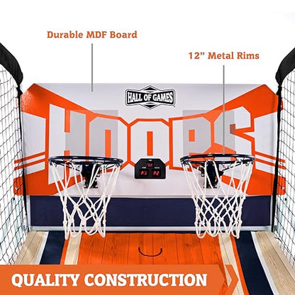 Hall of Games EZ Fold Premium Indoor Arcade Basketball Game with Steel Frame and Polycarbonate Backboard, Dual Shot Electronic Scoring with 6 Size 3 Balls Included, Perfect for Basement Game Rooms - style: EZ-Fold (Classic Dual-Shot)