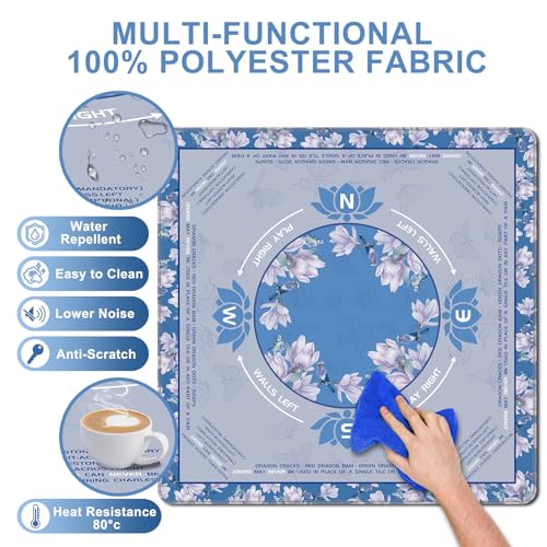 LZSIG Blue Foral Mahjong Mat for Table with Printed Rules, 33×33 Inches | Anti-Slip, Waterproof, Noise-Reducing Table Cover for American Mahjong, Poker, Board Games , Dominoes, and Card Games - color: Blue-3