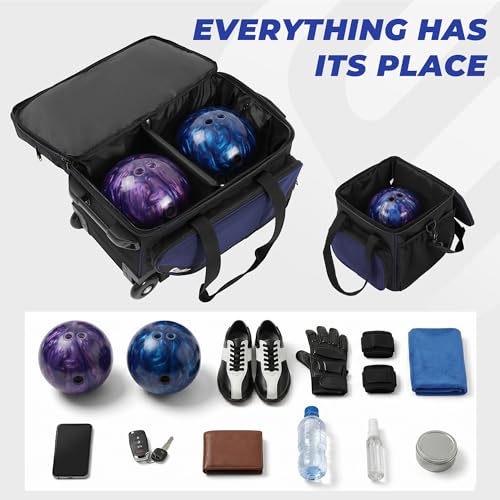 Bowling Roller Bag with Wheels, Rolling Bowling Ball Bag with Shoe Compartment, Retractable Handle, EVA Dividers - color: Blue, size: Bowling Bag Set