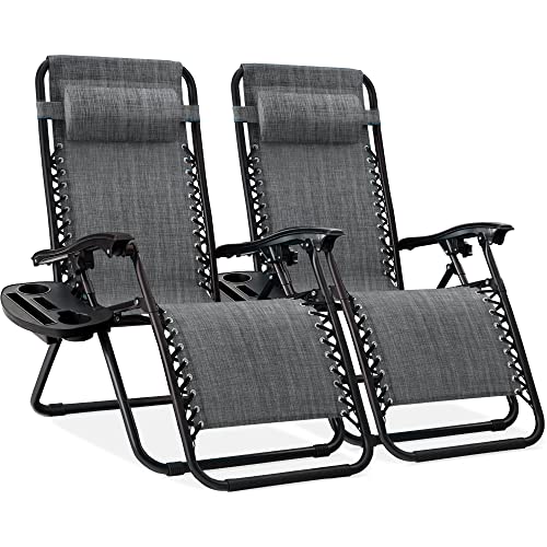 Best Choice Products Set of 2 Adjustable Steel Mesh Zero Gravity Lounge Chair Recliners w/Pillows and Cup Holder Trays - Gray - color: Grey, size: Standard