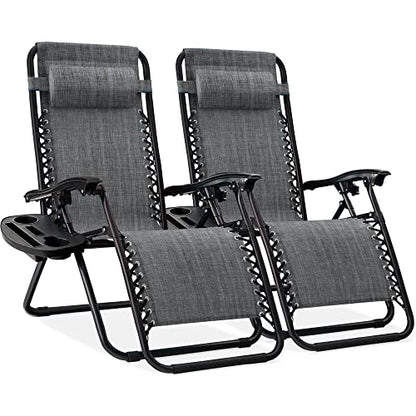 Best Choice Products Set of 2 Adjustable Steel Mesh Zero Gravity Lounge Chair Recliners w/Pillows and Cup Holder Trays - Gray - color: Grey, size: Standard