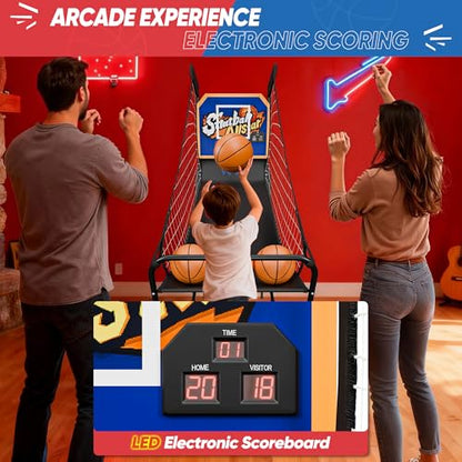 Foldable Electronic Arcade Basketball Game - Indoor Single Shot with Electronic Scorer, Buzzer, 3 Balls & Pump