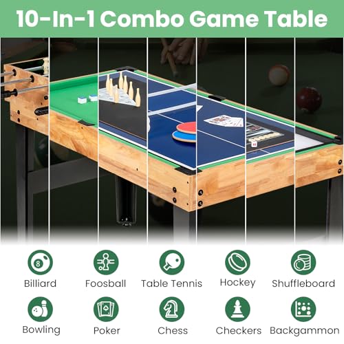 KOTEK 10 in 1 Game Table, Stackable Multi Game Table with Hockey, Pool, Table Tennis, Bowling, Shuffleboard, Foosball & 4 Board Games, Easy Assembly for Home, Club, Family Game Night