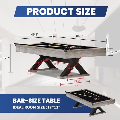 84" Pool Table with Rustic Grey Finish, X-Shaped Legs, Black Cloth, Billiard Balls, Cues, & Accessories–Billiard Table for Adults, Game Room & Home Entertainment (Grey)