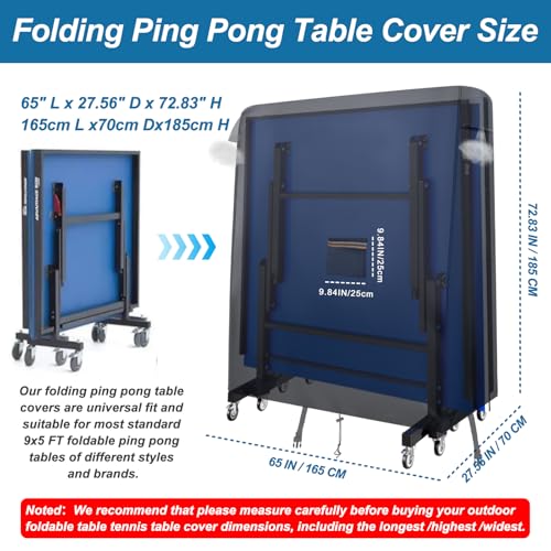 Table Tennis Cover Outdoor Waterproof，Heavy Duty 420D Ping Pong Table Cover with Paddle Pocket,Windproof Buckle,2 Air Vents，Universal Folding Ping Pong Table Cover Fits 9x5 FT Foldable Pingpong Tables