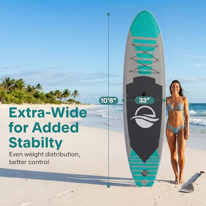 SereneLife 10’6" Inflatable Stand Up Paddle Board with Premium SUP Accessories - Wide Stable Design with Non-Slip EVA Deck Pad, for Youth and Adults, 350 lbs. Capacity - color: Turquoise