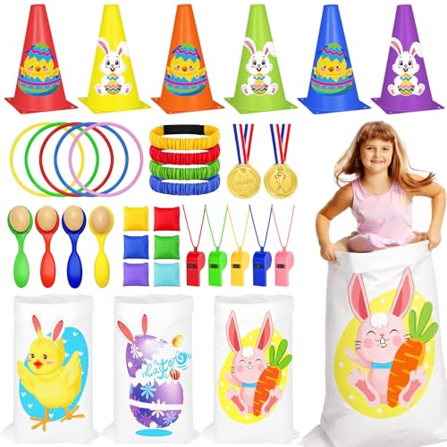 Cinrobiye 62 Pcs Easter Outdoor Games Set, Field Day Party Activities with Potato Sack Race, Egg and Spoon Race, Three Legged Race and Ring Toss for Family Gatherings and Spring Events