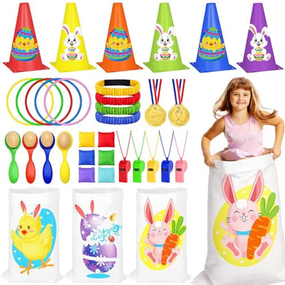 Cinrobiye 62 Pcs Easter Outdoor Games Set, Field Day Party Activities with Potato Sack Race, Egg and Spoon Race, Three Legged Race and Ring Toss for Family Gatherings and Spring Events