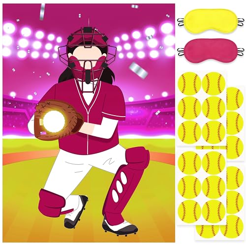 Pin The Softball on The Glove Game Poster with 24 Stickers Blindfolds Pink Softball Themed Party Decorations Supplies Fun Entertainment Classroom Activities for Sports Lovers Fans Kids Girls Birthday