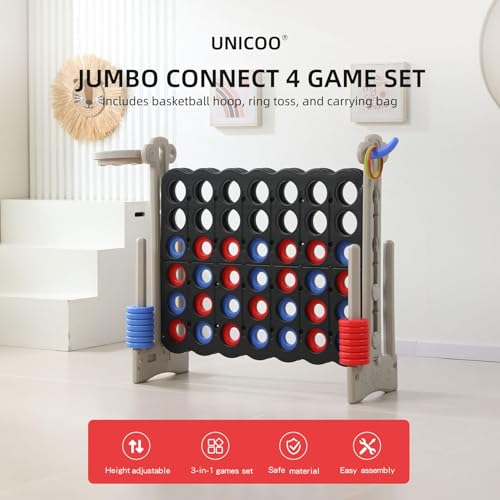 UNICOO Jumbo 4-in-a-Row Game Set, Height Adjustable Indoor Outdoor Yard Game with Basketball Hoop, Ring Toss & Carrying Bag, Family Party Lawn Game for Kids and Adults - color: Grey & Black