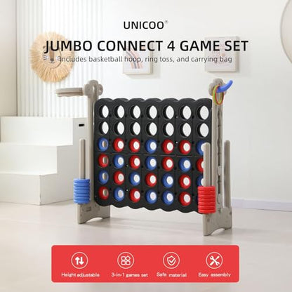 UNICOO Jumbo 4-in-a-Row Game Set, Height Adjustable Indoor Outdoor Yard Game with Basketball Hoop, Ring Toss & Carrying Bag, Family Party Lawn Game for Kids and Adults - color: Grey & Black