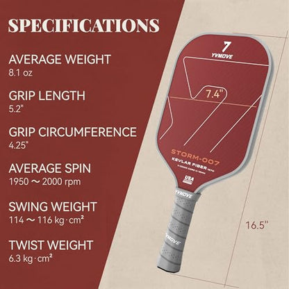 YVmove USAPA Approved Raw Carbon Fiber Pickleball Paddle, 16mm Thermoformed Pickleball Racket with High Spin & Extended Grip, Professional Pickleball Paddle for Control and Power - color: Red
