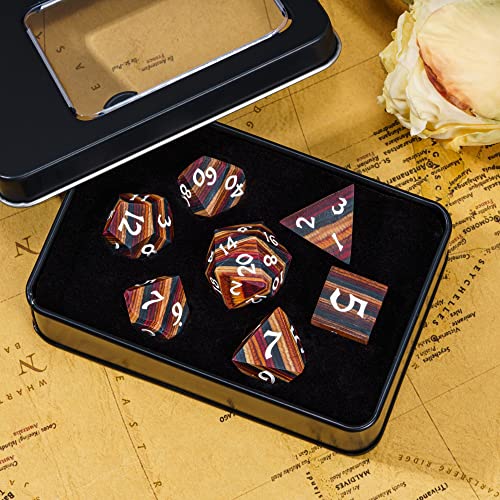 DND Dice Set 7PCS Wood Polyhedral Dice Set D&D with Metal Box for RPG Role Playing Tabletop Games (Yellow Striped) - color: Yellow Striped