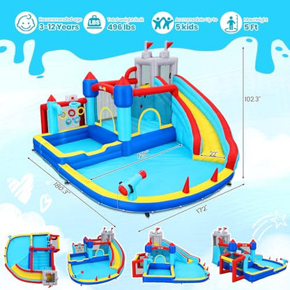 Whubefy 15x14.5ft Bounce House Water Slide Park, 13in1 Huge Blow up Waterslides Inflatable for Kids Backyard w/750W Blower, Pool, Soccer Goal, 5-hole Target Toss Game, Dart Board for Big Kids 8-12 3-6