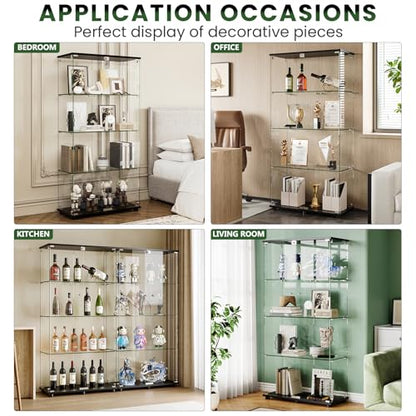 Glass Display Cabinet with 4-Shelf Double Doors and Lock, 5mm Tempered Glass Floor Standing Bookshelf for Living Room, Bedroom, Office, 64 x 31.7 x 14.3 in, Black - size: 64 x 31.7 x 14.3 in -4-Tier