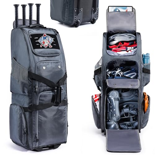 Rolling Baseball Bat Bag with Wheels, Large Capacity Gear Bag Holds 4 Bats, Reinforced Hard Base & Structured Back Panel, Top & Bottom Grab Handles, Shoe & Helmet Compartments for Youth &Adult Players - color: Grey
