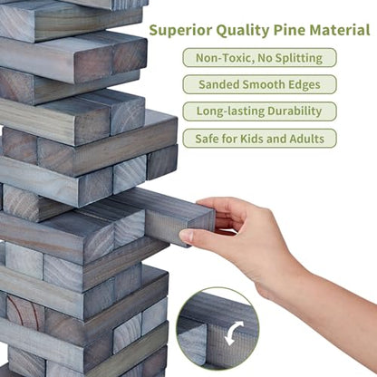ApudArmis Giant Tumble Tower Stack to Over 5Ft, 60 PCS Pine Wooden Stacking Timber Game with 1 Dice Set - Classic Block Giant Outdoor Game (7.48 * 2.48 * 1.5 in Each Block, Gray) - color: Gray