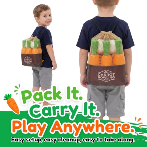 Carrot Bowling Set for Toddlers & Kids – 6 Pins, 2 Bunny Balls & Bag – Safe Indoor Active Play – Fun Summer Activity & Birthday Gift for Ages 3–6