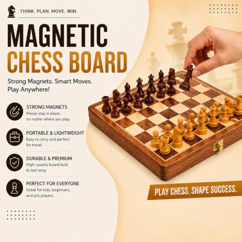 7" Wooden Chess Set with Handmade Magnetic Pieces -Folding Chessboard Portable Travel Tournament Chess Board Games for Kids Play Birthday Gift Items - color: 7 Inch Without Extra Queens