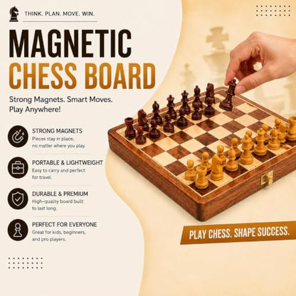 7" Wooden Chess Set with Handmade Magnetic Pieces -Folding Chessboard Portable Travel Tournament Chess Board Games for Kids Play Birthday Gift Items - color: 7 Inch Without Extra Queens