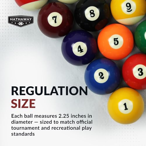 Hathaway Regulation Pool Balls Billiard Set of 16 - Standard Pool Table Accessories with 7 Striped, 7 Solid-Colored, a Black 8-Ball, and a White Cue Ball
